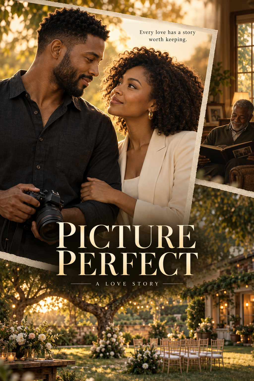 Picture Perfect promotional poster: a photographer and a woman share a tender look in a photograph, beside an older man looking through an album and a warmly lit garden.